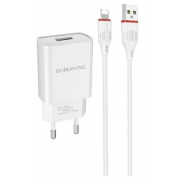 СЗУ USB Borofone BA20A, 2.1А + кабель Lightning, 1м, белый