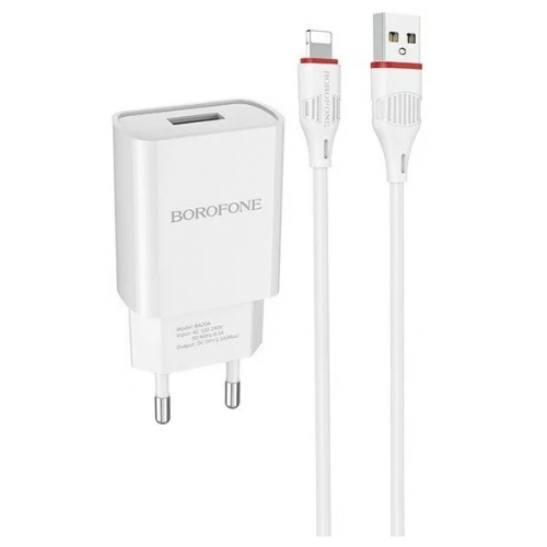 СЗУ USB Borofone BA20A, 2.1А + кабель Lightning, 1м, белый по цене 350 ₽