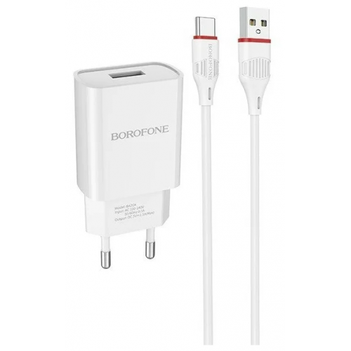 СЗУ USB Borofone BA20A, 2.1А + кабель Type-C, 1м, белый по цене 350 ₽