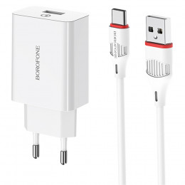 СЗУ USB Borofone BA21A, QC3.0, 18W + кабель Type-C, 1м, белый