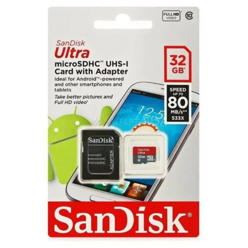 Карта памяти SanDisk Ultra microSDHC 32 ГБ [SDSQUNS-032G-GN3MN] по цене 500 ₽